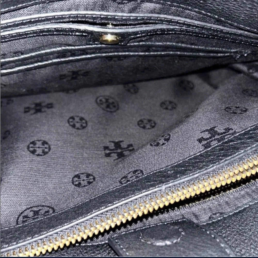 Tory Burch Black Leather Satchel with Gold Emblem